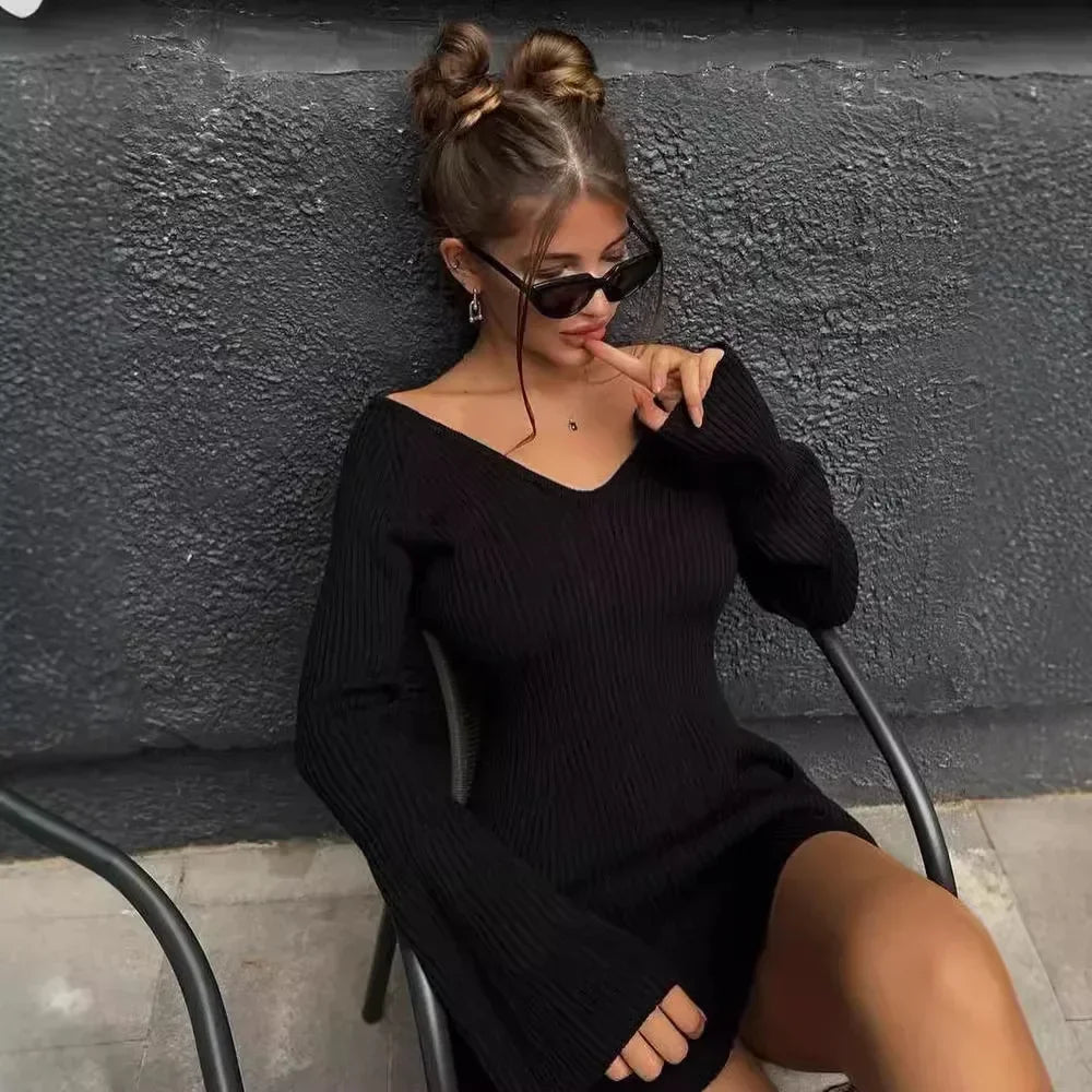 Knitted Off Shoulder V Neck Mini Dress