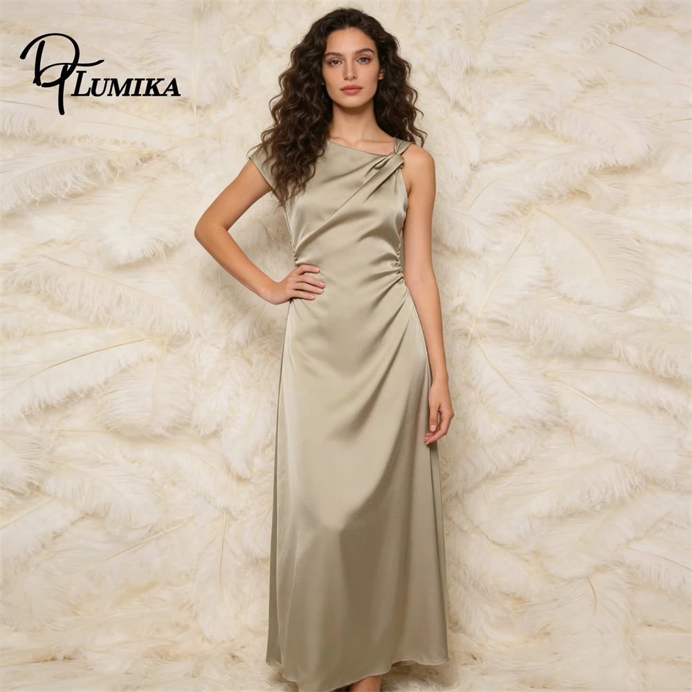Minimalist Satin Asymmetric Neck Sleeveless Ruched Waist Casual Formal – Shequila's Fashions