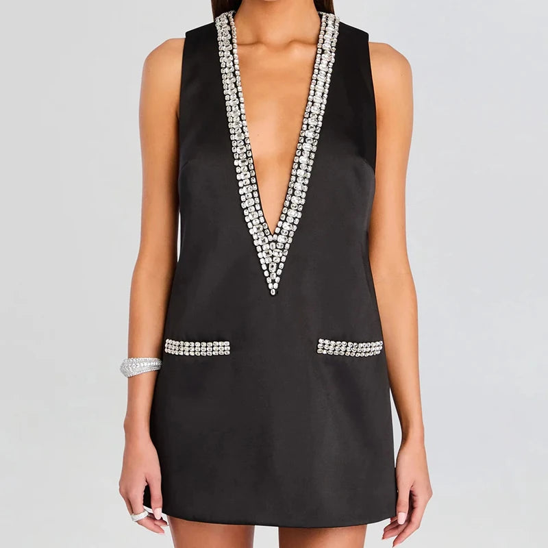 New Women Summer Deep V Neck Sequins Patchwork Mini Dress