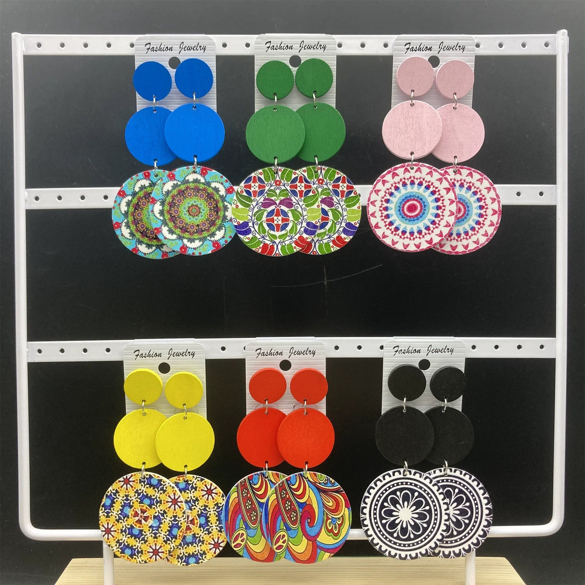 New Ethnic Retro Circular Printed Wooden Earrings – Long Bohemian Colorful Statement Jewelry