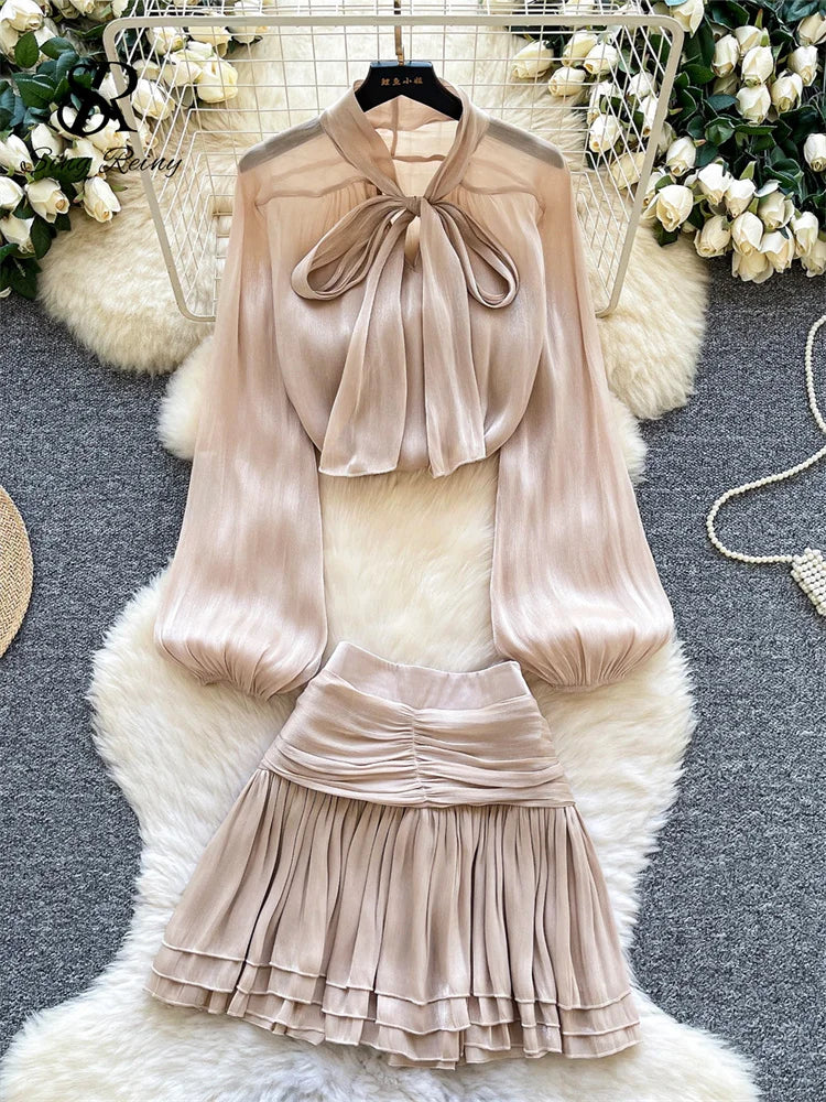 French Style Lace Up Bow Tops+Mini Draped Skirts 2Pcs Sets