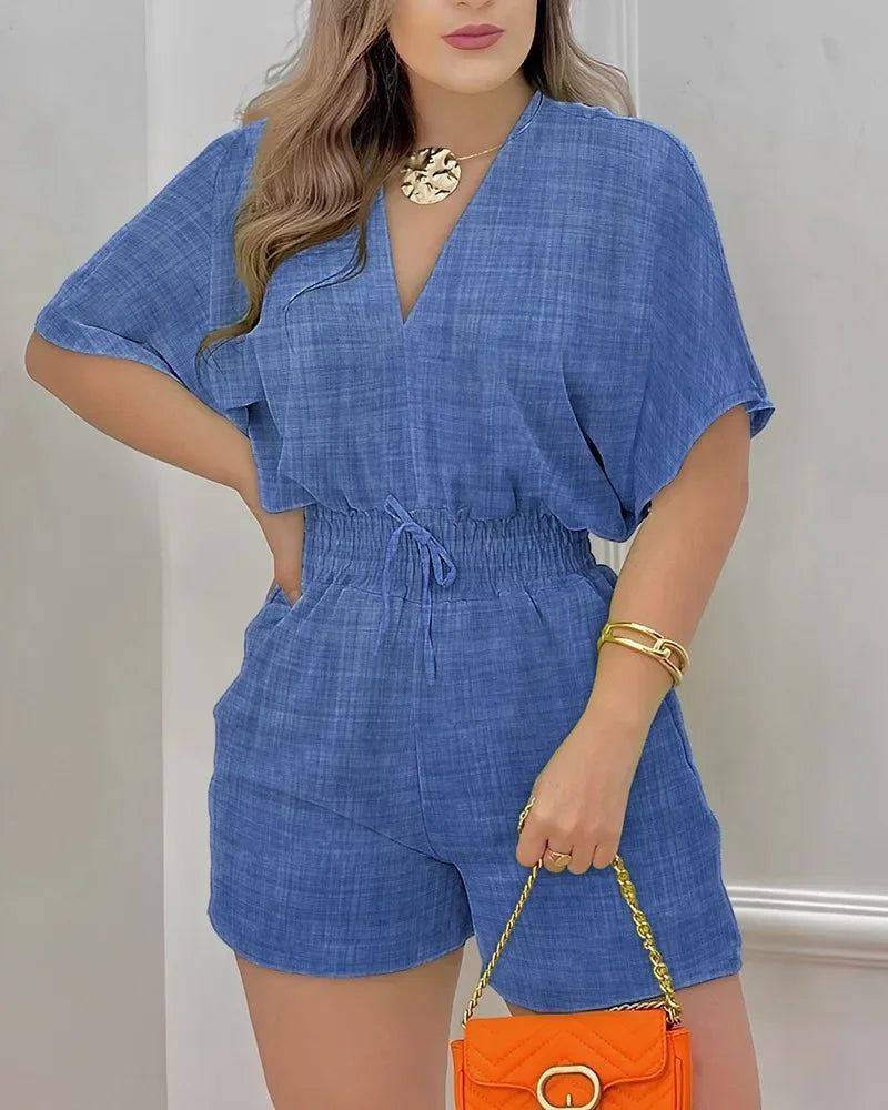 New Loose Casual Printing Fashion V-neck Short Sleeve Waist Shorts Drawstring Pleated Streetwear Romper