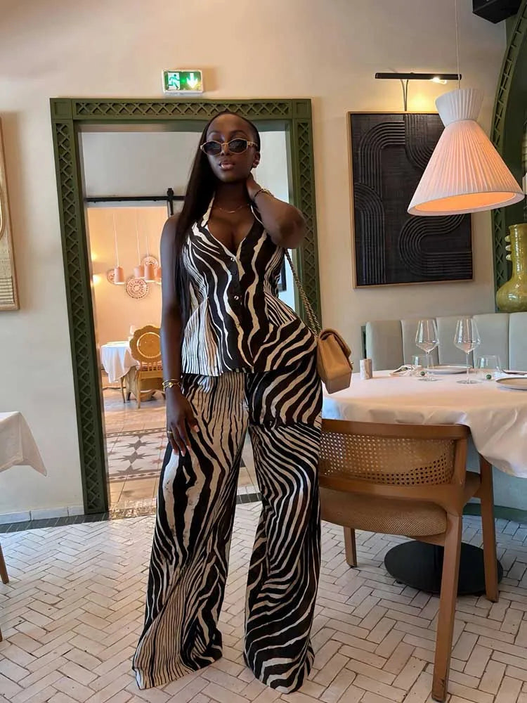 Elegant Matching Vest Outfit with Wide Leg Pants Halter