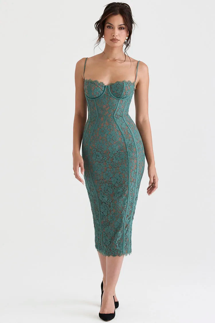 Summer One-Line Neck Sling Lace Sleeveless Solid Color Dress