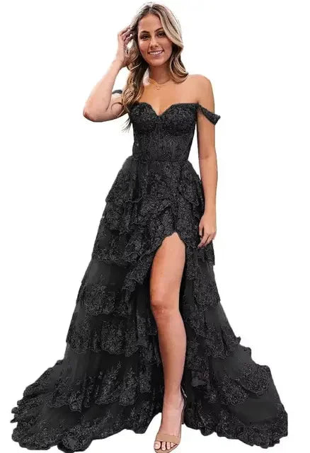 Sexy Lace High Slit Printed Evening Gowns