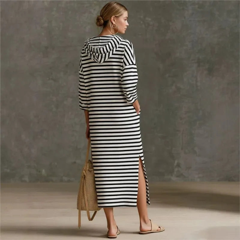 Autumn Striped Hooded Maxi Dress