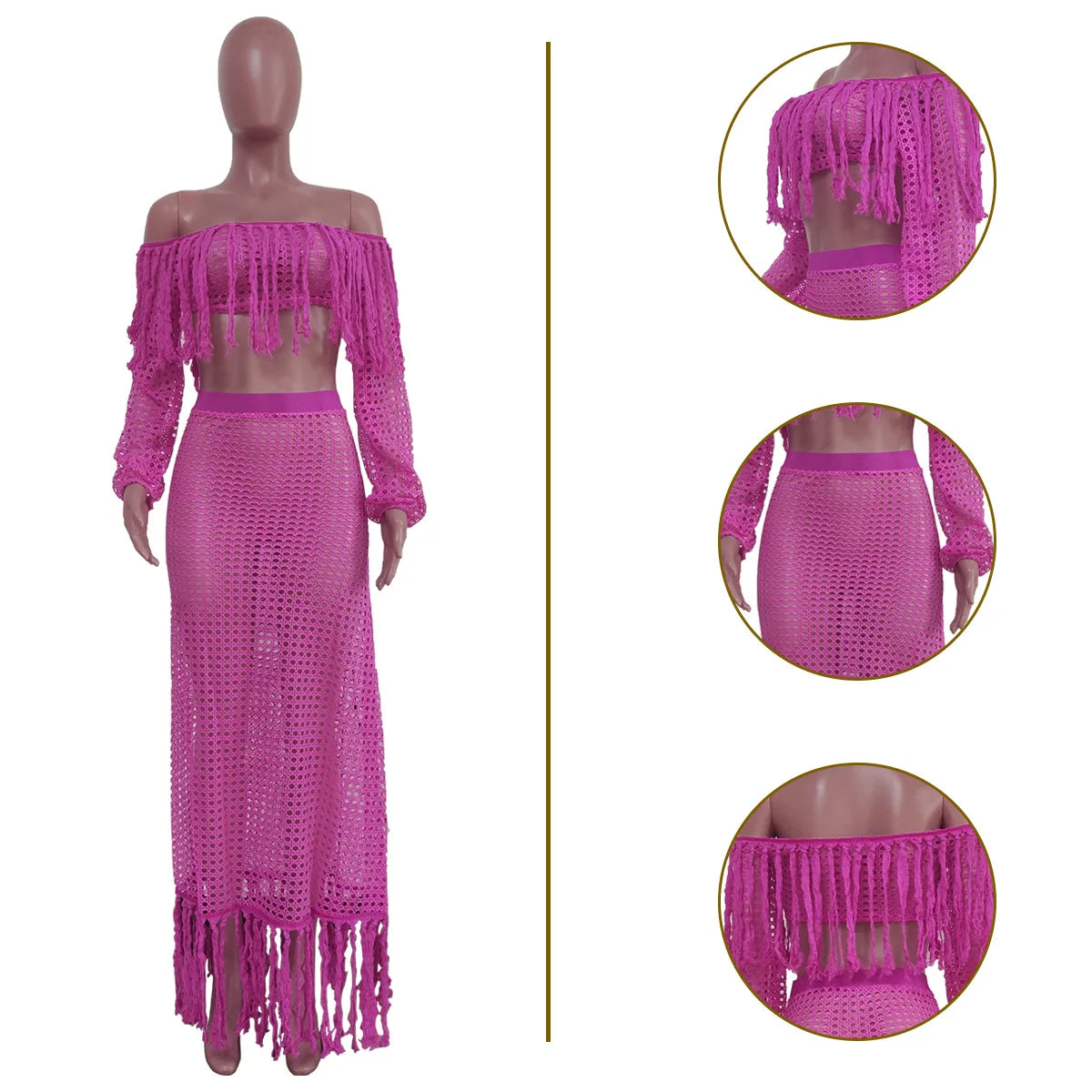 Beach Long Skirts Suit Off Shoulder Tassels Sexy Hollow Out Ensemble 2 Piece Set