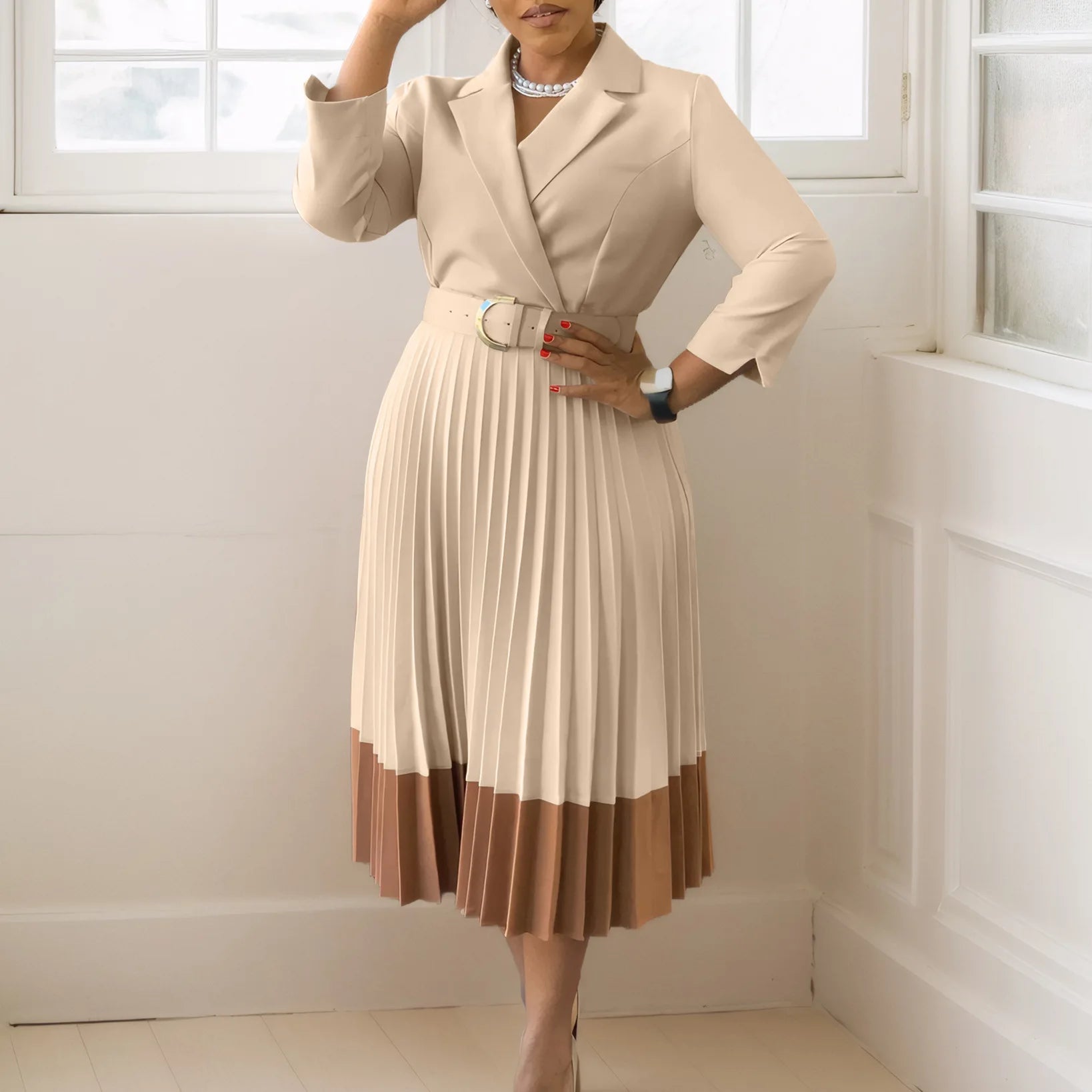 Spring Autumn Casual Plus Size Slim Retro Elegant V-Neck High Waist Long Sleeve  Dress