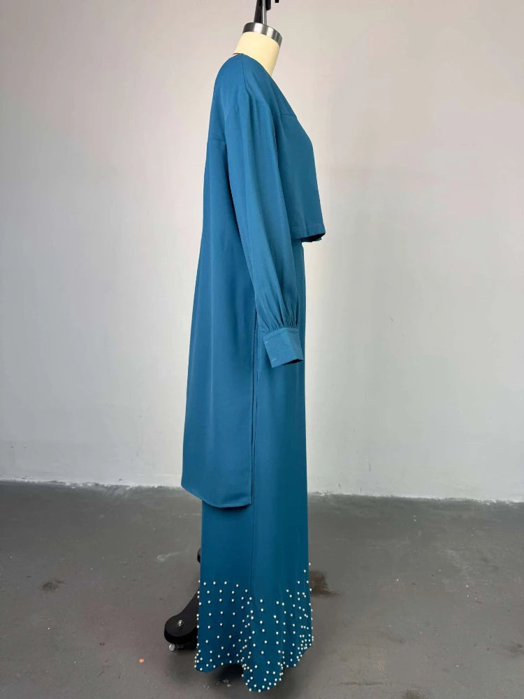 O Neck Long Lantern Sleeve Tops Embroidered Flares Wide Leg Trousers
