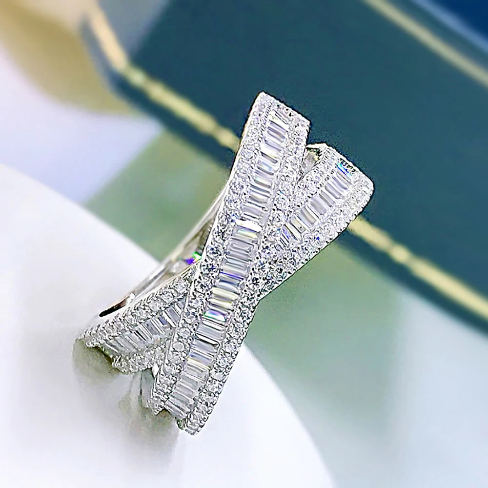 Luxury 100% 925 Real Silver High Carbon Diamond Cross Wedding Rings for Women