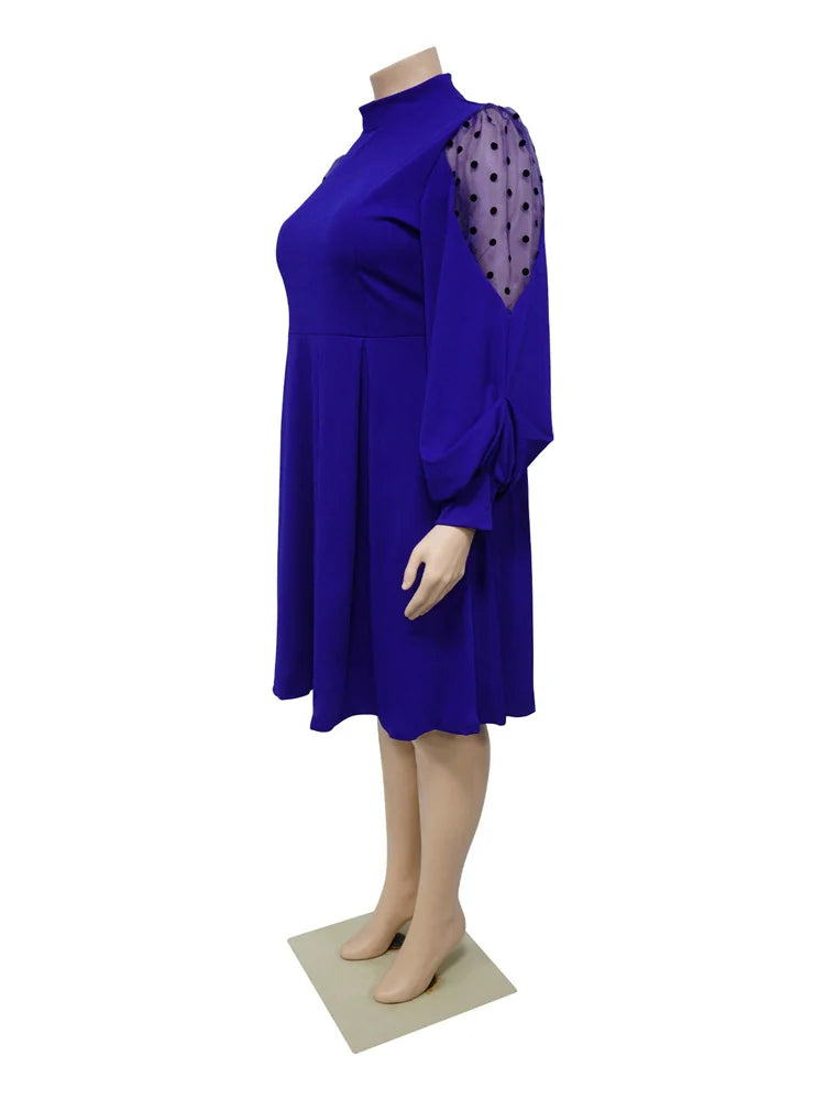 Plus Size Solid Casual Mesh Long Sleeve Midi Dress
