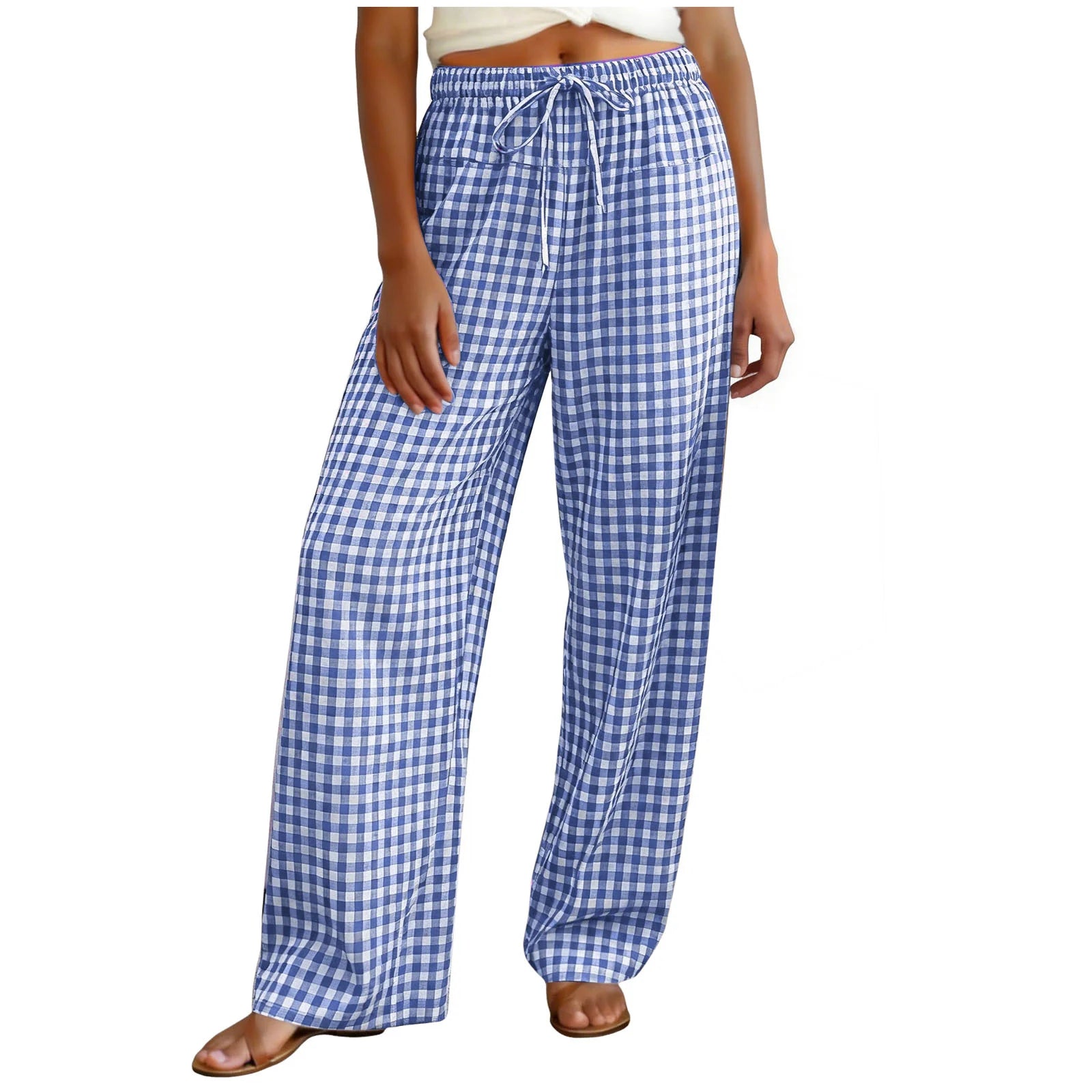 High Waisted Wide Leg Plaid Drawstring Casual Trousers