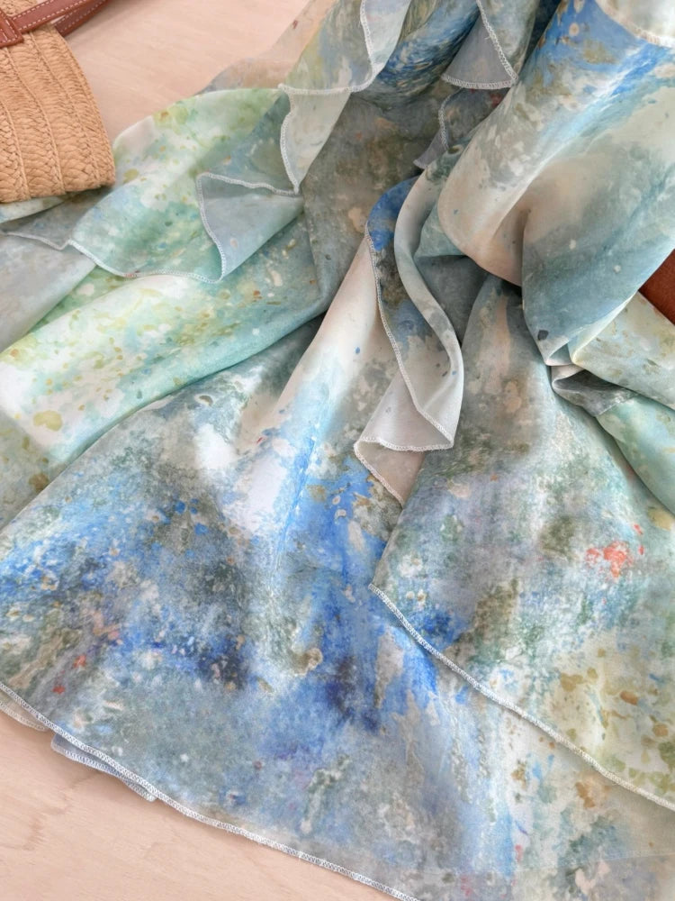Summer French Beach Vacation Original Design Shell Sequin Ruffle Flounce Dress