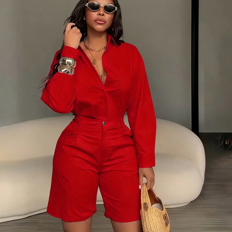 Solid Elegant Two‑Piece Set – Long Sleeve Shirt & Shorts Matching Outfit