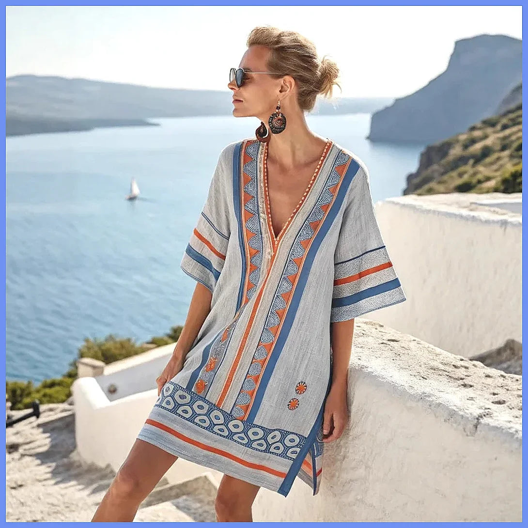 2025 Summer V-Neck Floral Print Loose Beach Dress
