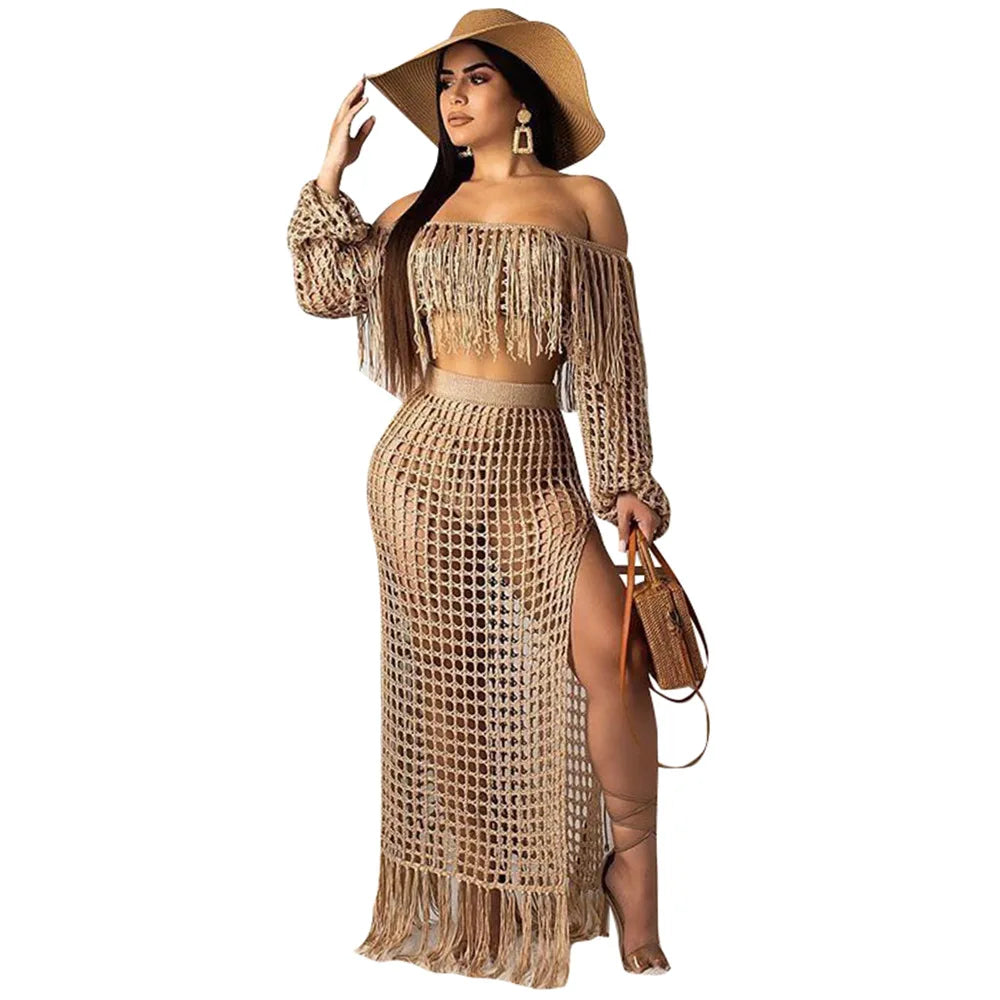 Beach Long Skirts Suit Off Shoulder Tassels Sexy Hollow Out Ensemble 2 Piece Set