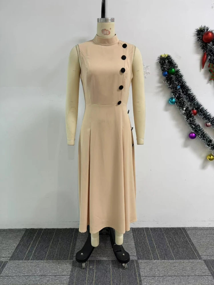 Khaki Tank A Line Half High Collar Sleeveless Button High Waist Dress