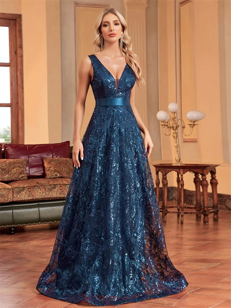 Luxury Sexy Deep V-Neck Sequins B Elegant V-back Wedding Party Long Prom Cocktail Dress