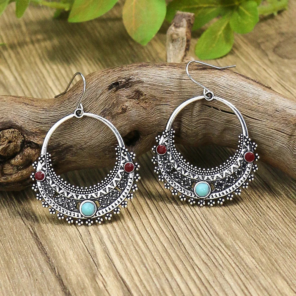 Bohemian Turquoise Vintage Geometric Drop Earrings – Alloy Oil Drop Round Stone Design