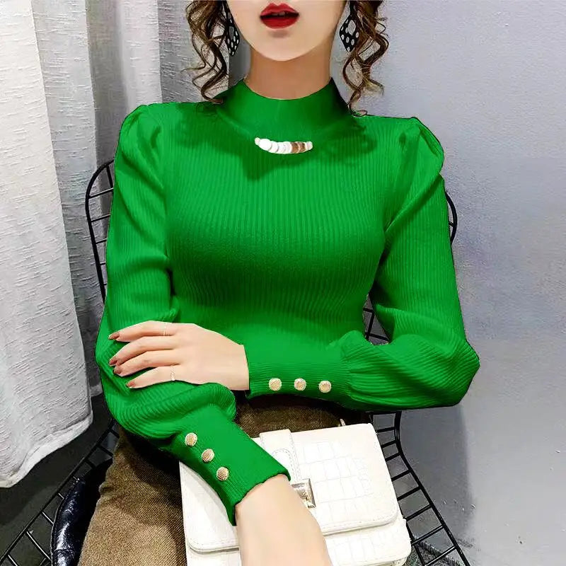 Elegant Solid Color Button Puff Sleeve Sweaters