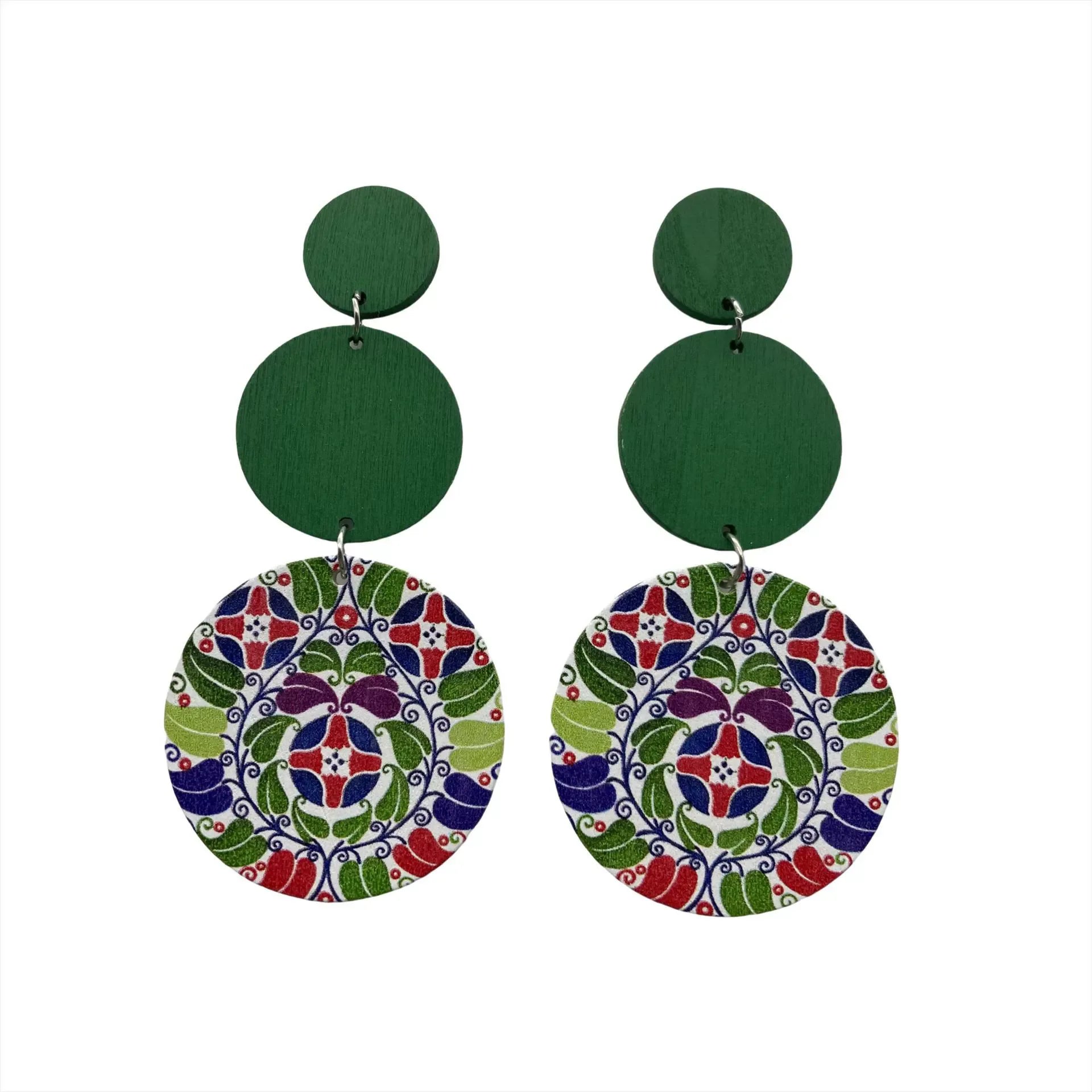 New Ethnic Retro Circular Printed Wooden Earrings – Long Bohemian Colorful Statement Jewelry