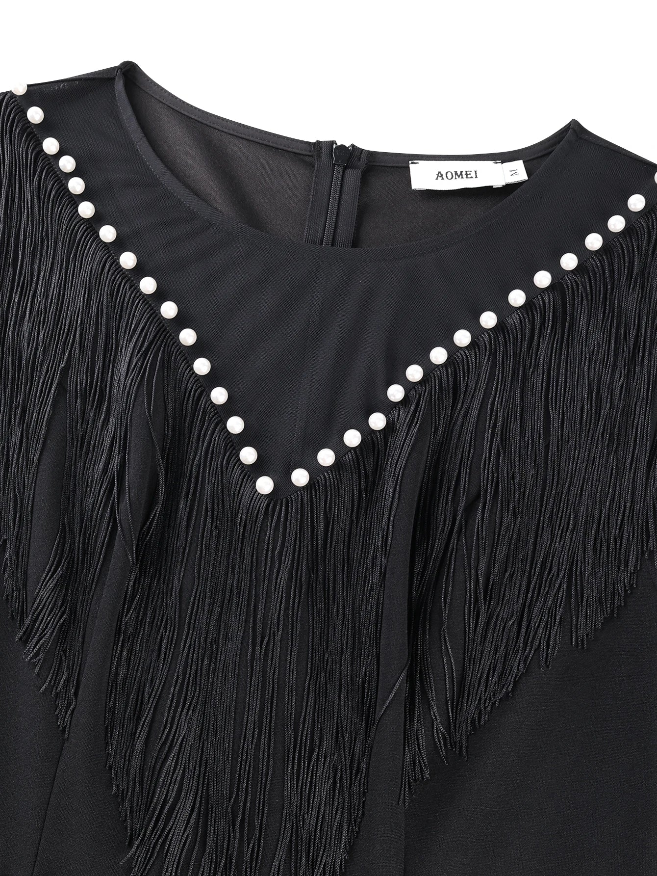 Stylish Sheer O Neck Beading Pearl High Waist Tierred Slim Bodycon Fringe Mini Dress