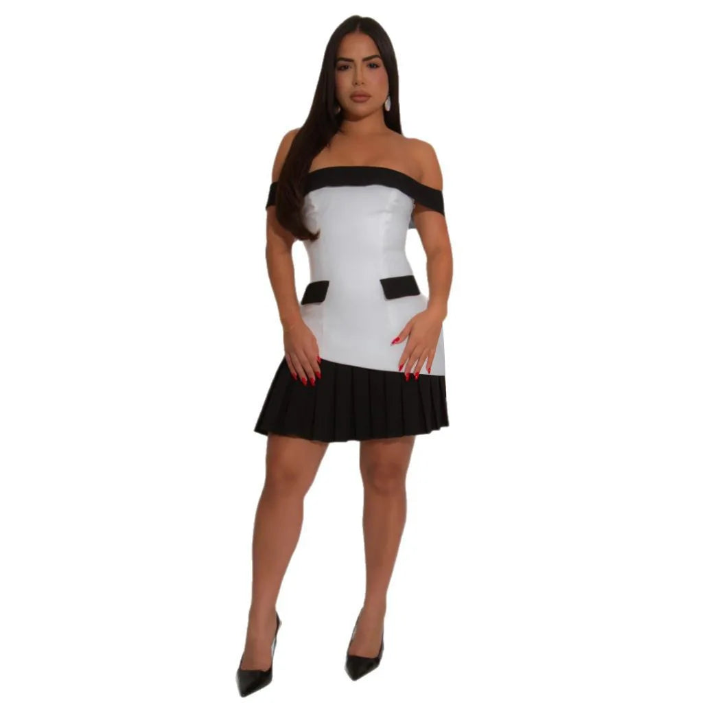 Slash Neck Bodycon Pleated Sexy Mini Dress
