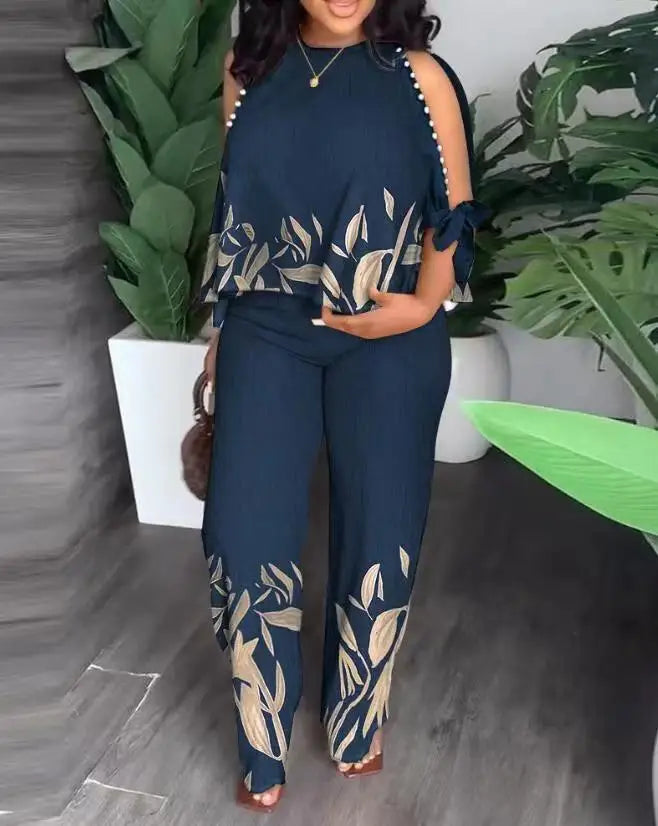 Plus Size Fashion Short Sleeve Crew Neck Beaded Positioning Printed Tops + Straight Pants