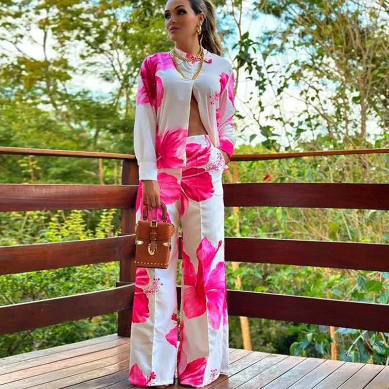 Floral Fashion Printed Shirt Spring Autumn Wide Leg Pants Two-piece Set