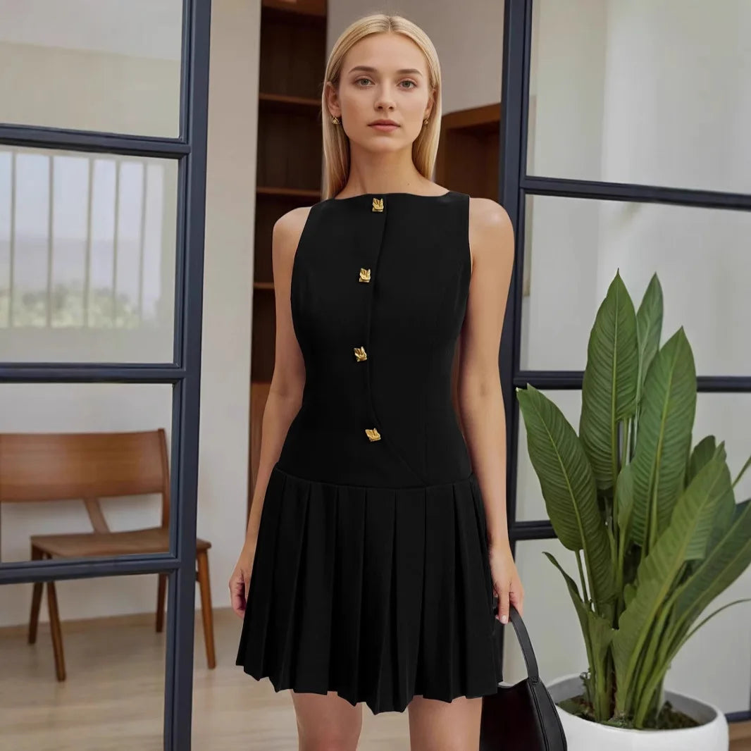 Summer Pleated Waist Sleeveless Mini Dress
