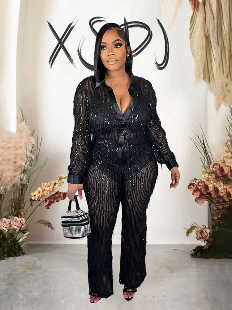 Long Sleeve Tassel Sequins Top and Long Trouser Nightclub Wear Two Piece See Through Outfits