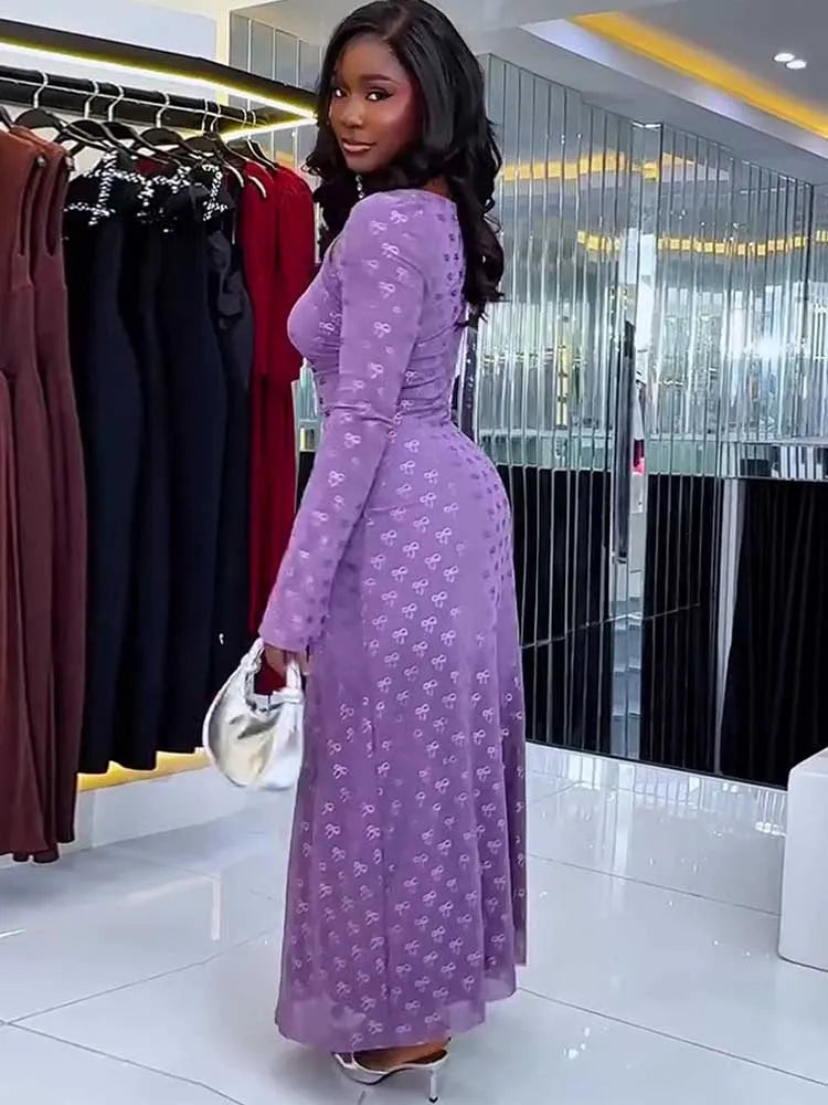 Long Elegant Purple Long Sleeve Slimming Dress
