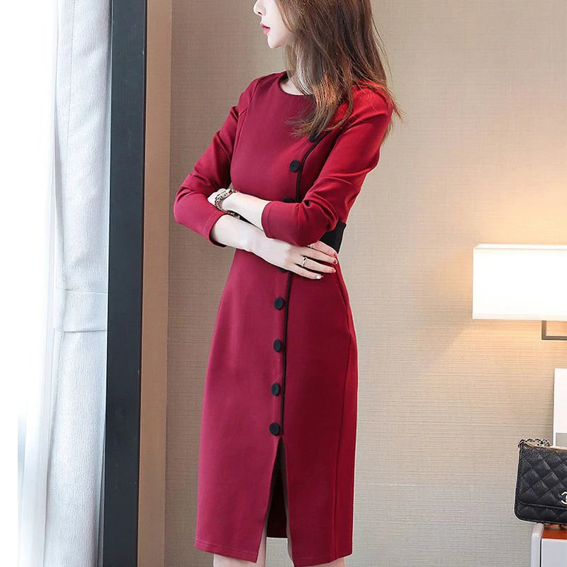 Autumn Winter High Waist Buttons Bodycon Dress