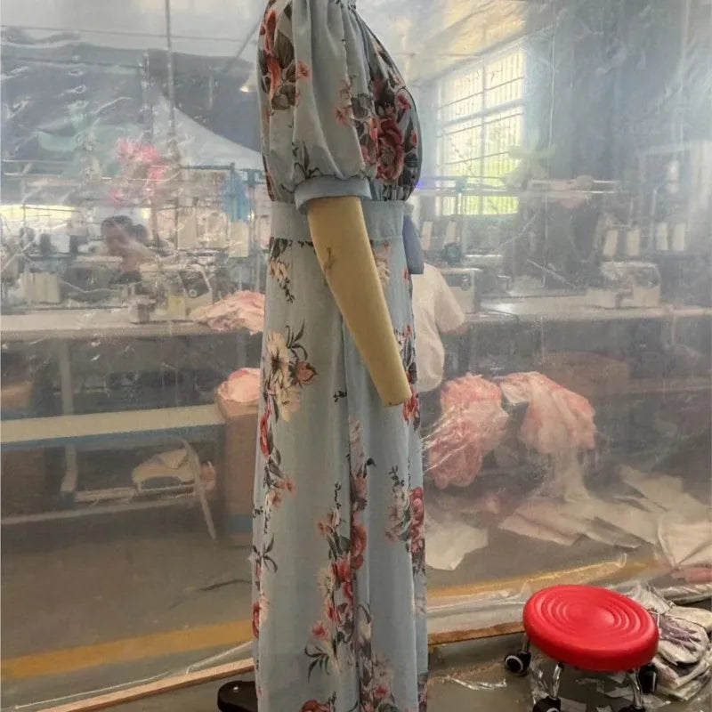Women’s V‑Neck Ruffle Short Sleeve Floral Chiffon Maxi Dress