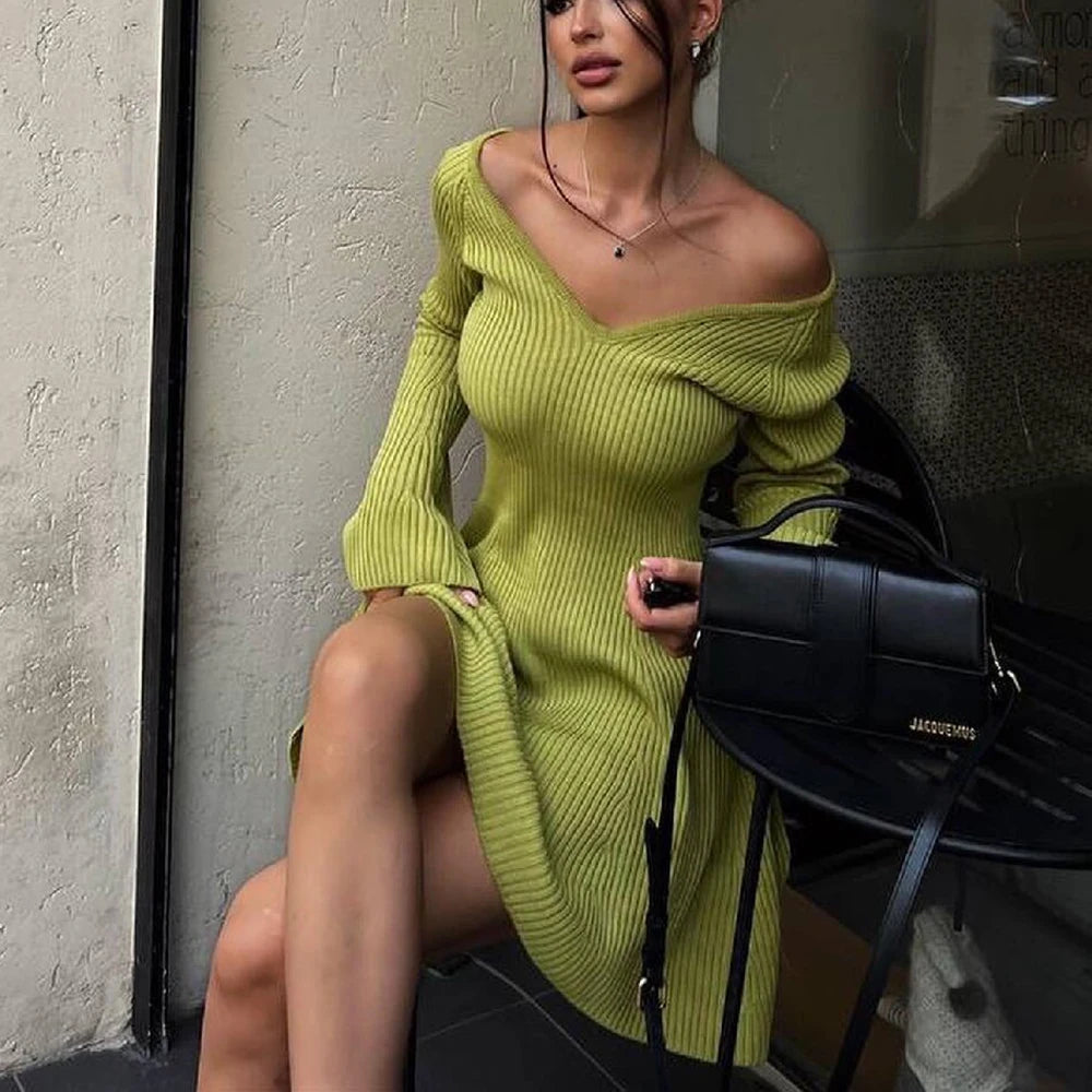 Knitted Off Shoulder V Neck Mini Dress