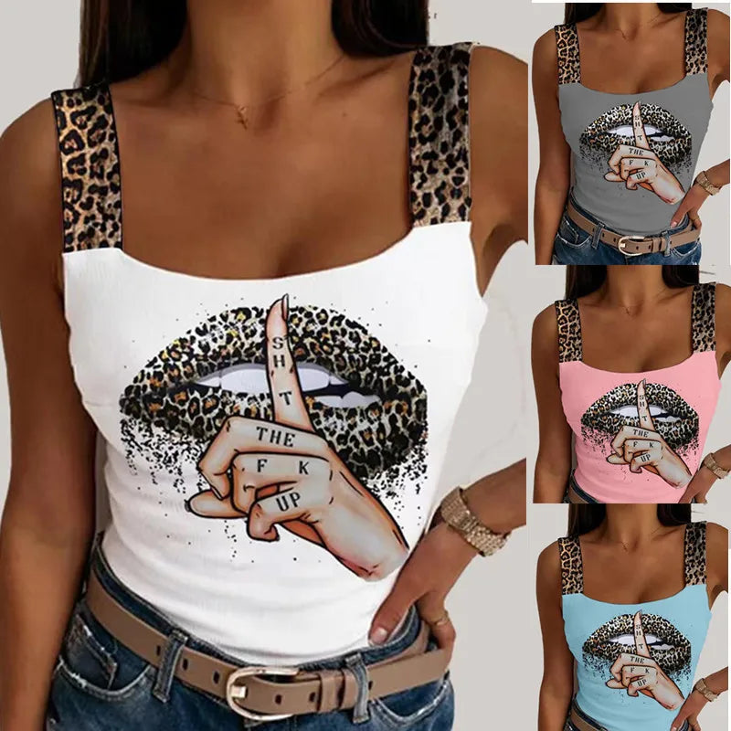 Leopard Lips Print Sleeveless Sexy Tank Tops