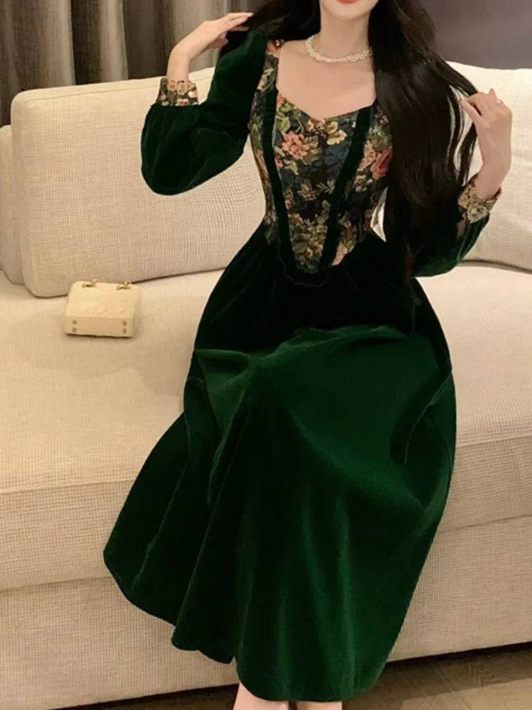Women Green Velvet Long Sleeve Party Dress