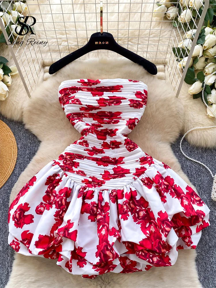Floral Print Summer 2026 Backless Stretchy Slim Pleated Strapless Mini Dresses