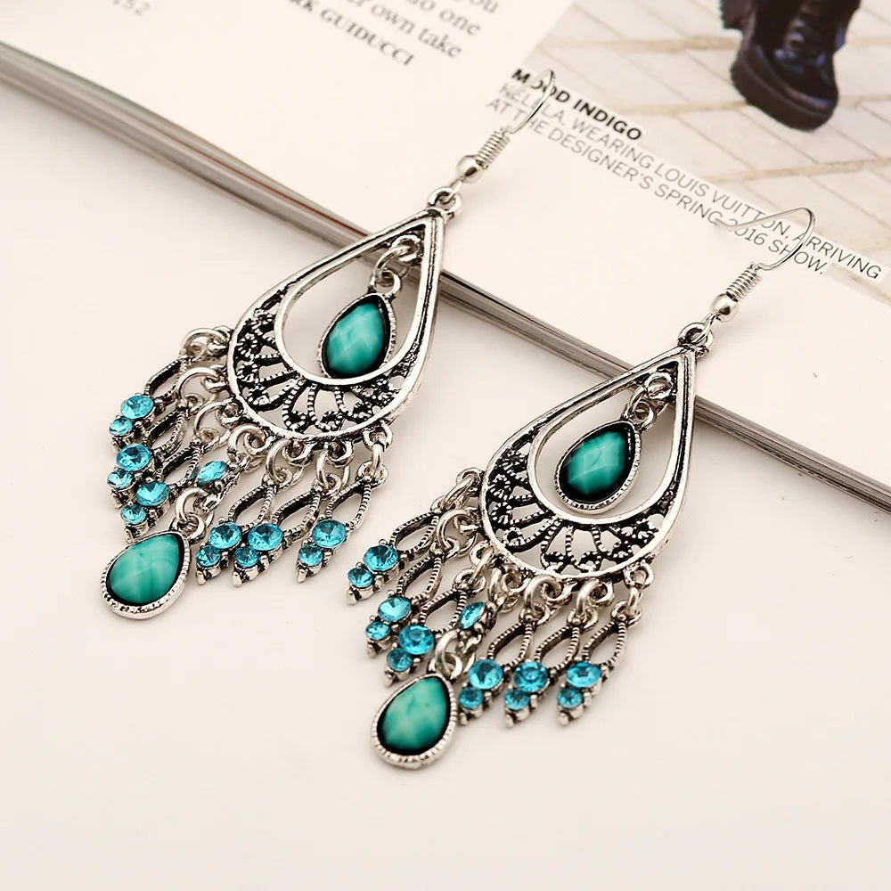Bohemian Ethnic Style Antique Silver Color Alloy Hollow Acrylic Resin Gems Water Droplet Tassel Earrings