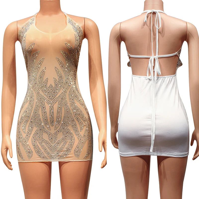 Mesh See Through Halter V-neck Backless Sexy Bodycon Mini Dress