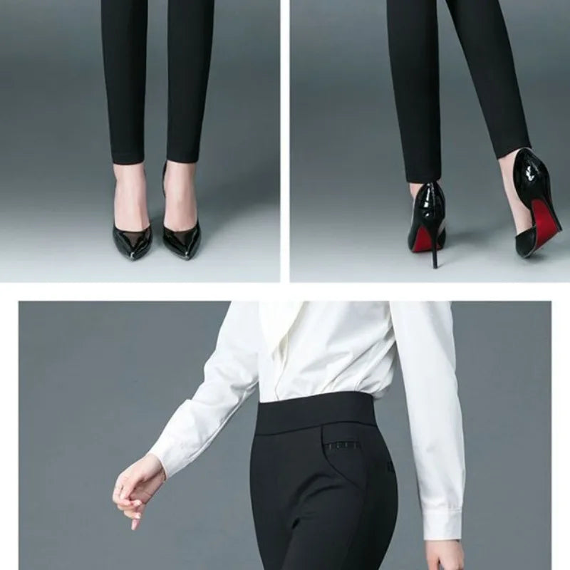 Spring and Summer High Waist Solid Print Pocket Patchwork Elastic Slim Elegant Pants