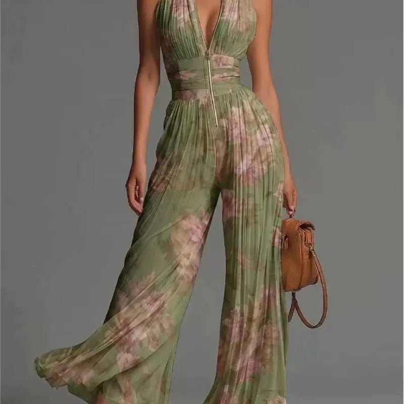 Fashion Sexy Deep V Neck Zip Jumpsuit
