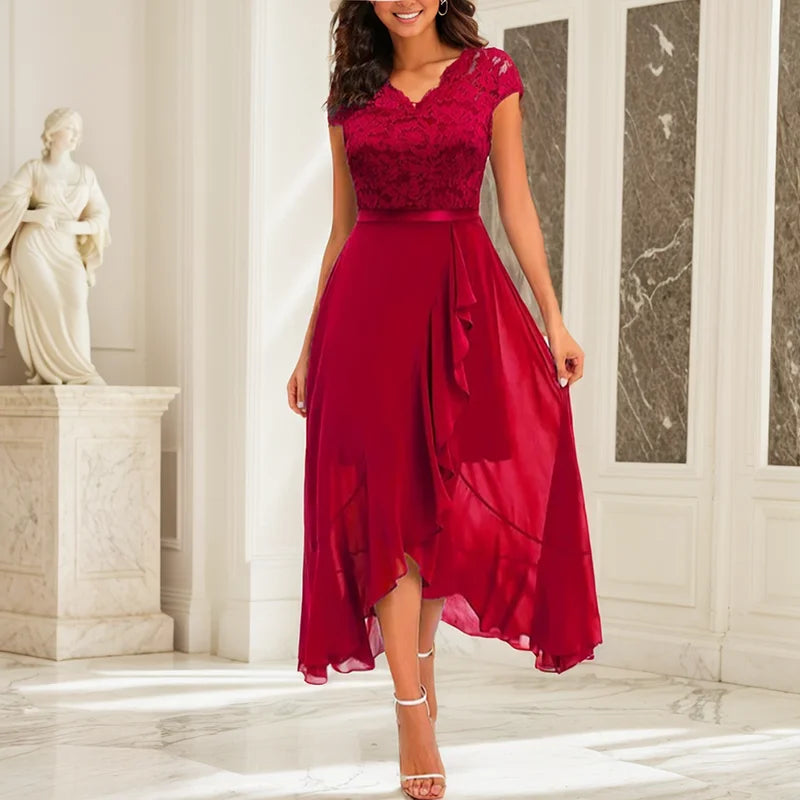 V Neck Spring Patchwork Ruffles Chiffon Irregular Dress