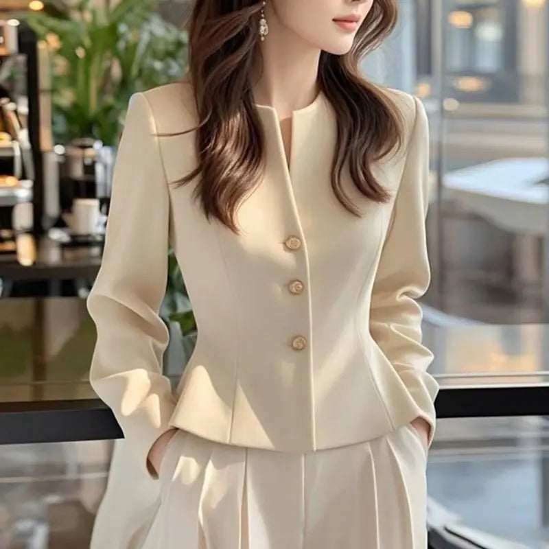 Apricot French Waist-Slimming Professional Shirt – Elegant Long-Sleeve Formal Top