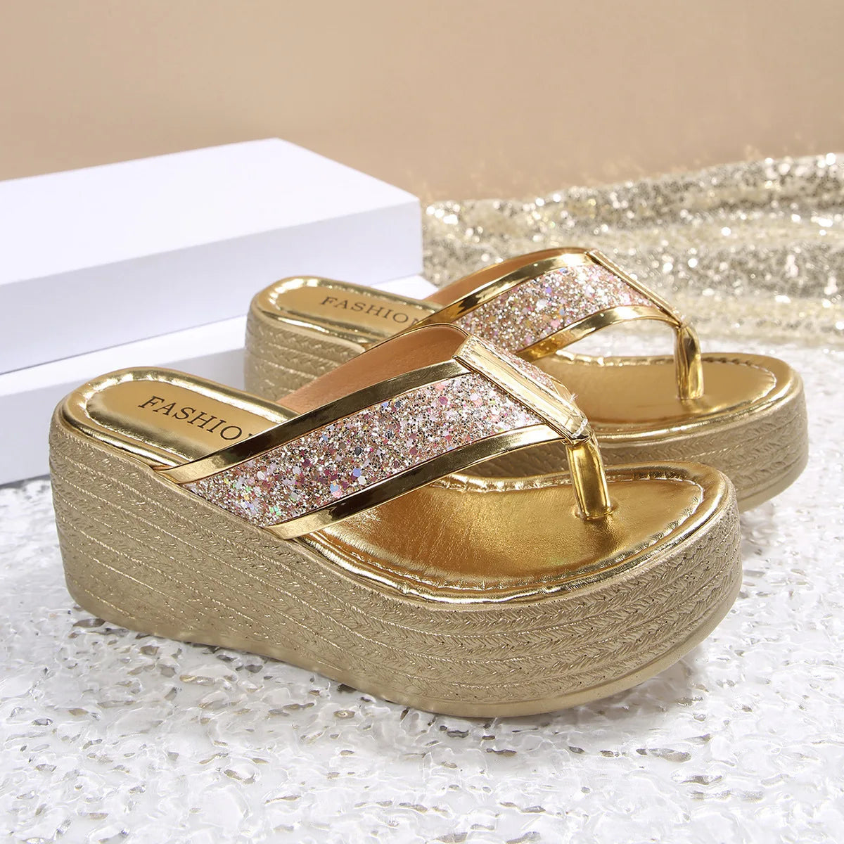 2026 Summer Plus Size Sequin Platform Wedge Sandals