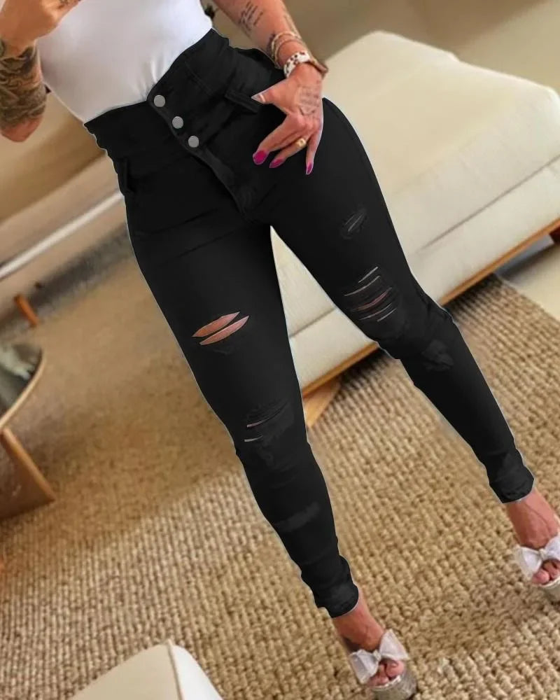 High Waist Casual Long Pant Sheath Denim Trousers