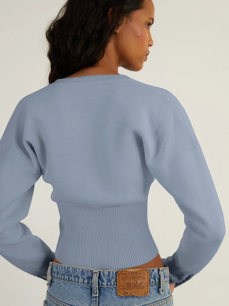 Autumn Fashion Ribbed Patchwork Slim Casual Cropped Knit Cardigan