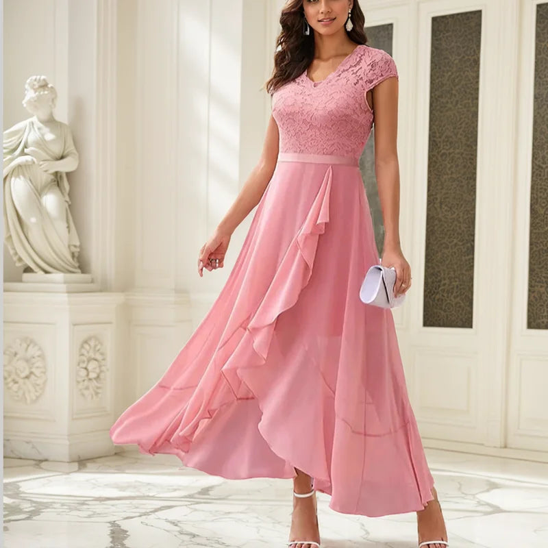 V Neck Spring Patchwork Ruffles Chiffon Irregular Dress