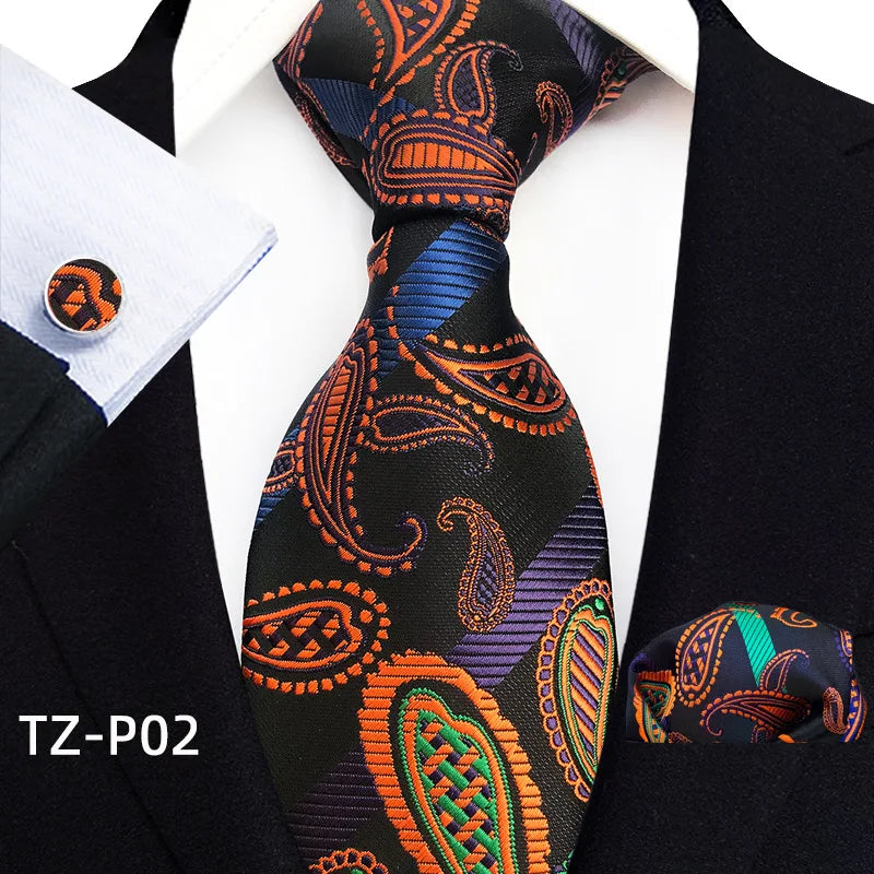 Orange Novelty Ties Plaid Flower Design Wedding Necktie Hanky Cufflinks