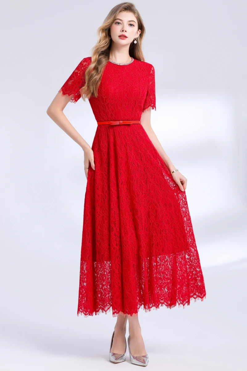 Lace Midi Dress with Belt – Luxury Office & Cocktail Essential